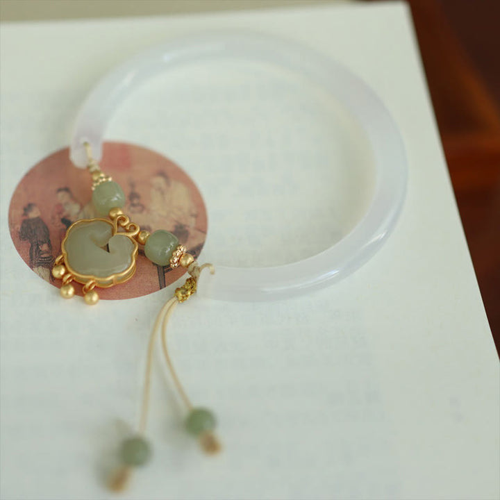 Buddha Stones Chalcedon Hetian Jade 925 Srebro Sterlingowe Pomyślna Chmura Ruyi Lock Harmony Mankiet Pół Bransoletka Bangle