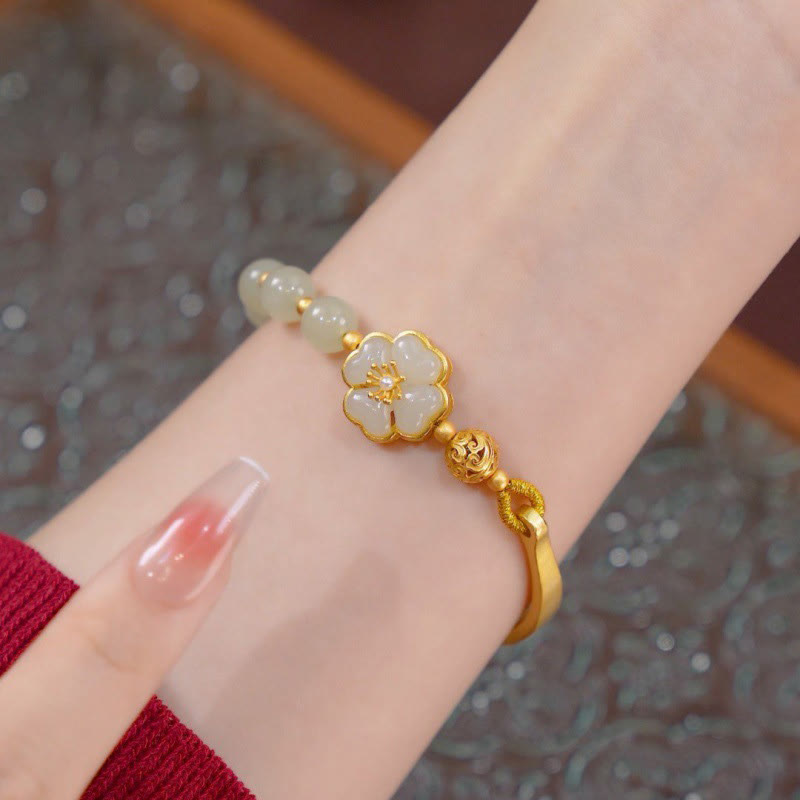 Buddha Stones Hetian Jade 925 Srebro Sterling Kwiat Szczęścia Mankiet Pół Bransoletka Bangle