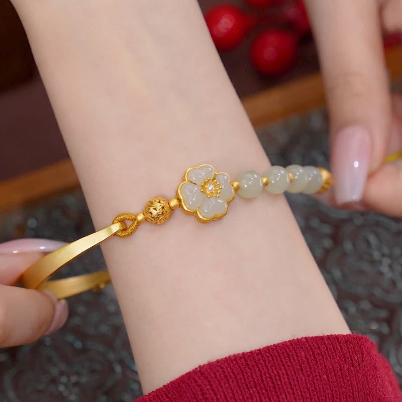 Buddha Stones Hetian Jade 925 Srebro Sterling Kwiat Szczęścia Mankiet Pół Bransoletka Bangle