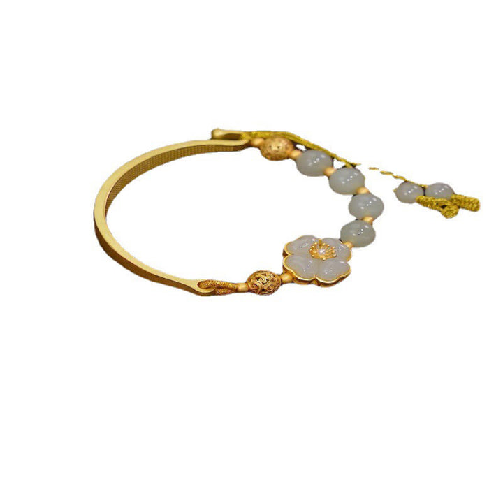 Buddha Stones Hetian Jade 925 Srebro Sterling Kwiat Szczęścia Mankiet Pół Bransoletka Bangle