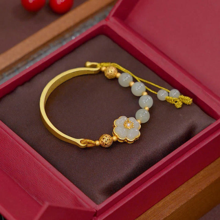 Buddha Stones Hetian Jade 925 Srebro Sterling Kwiat Szczęścia Mankiet Pół Bransoletka Bangle