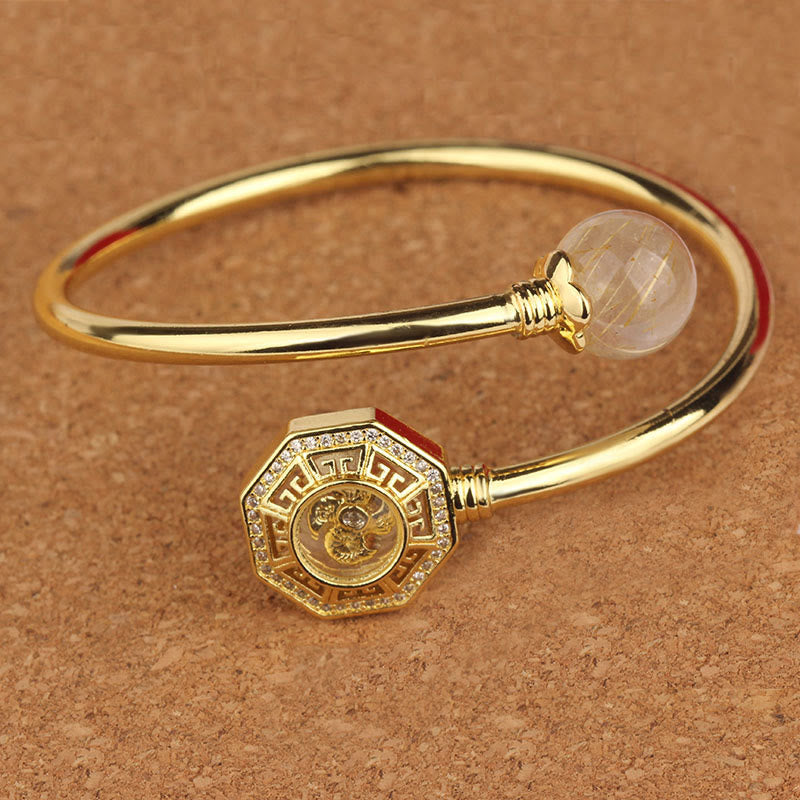 Buddha Stones Rutilated Quartz Miedź Mosiądz Obrotowy Wiatrak Feng Sheng Shui Qi Odwaga Bransoletka Bangle