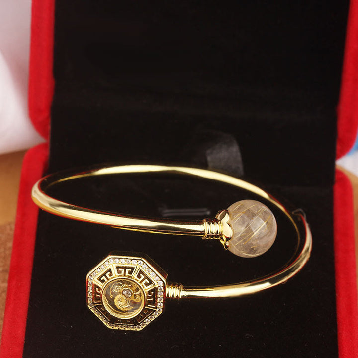 Buddha Stones Rutilated Quartz Miedź Mosiądz Obrotowy Wiatrak Feng Sheng Shui Qi Odwaga Bransoletka Bangle