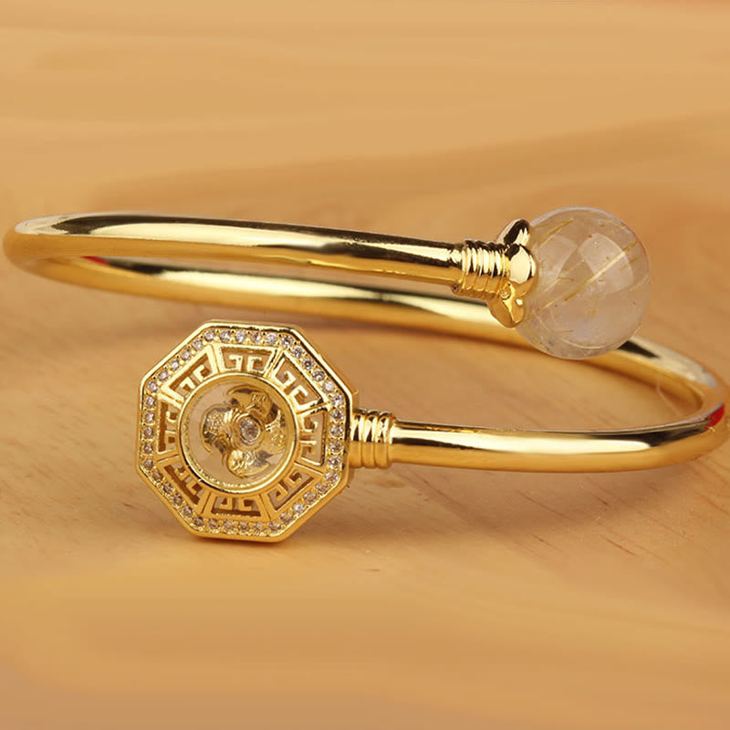 Buddha Stones Rutilated Quartz Miedź Mosiądz Obrotowy Wiatrak Feng Sheng Shui Qi Odwaga Bransoletka Bangle