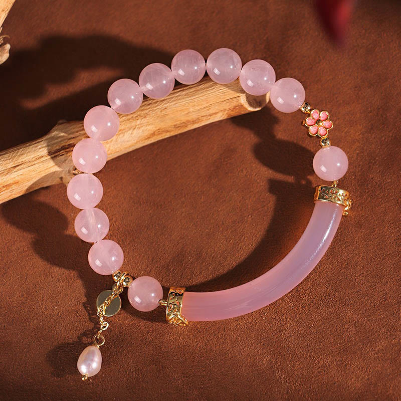 Buddha Stones Różowy Kryształ Niebieski Chalcedon Perła Mankiet Pół Bransoletka Bangle