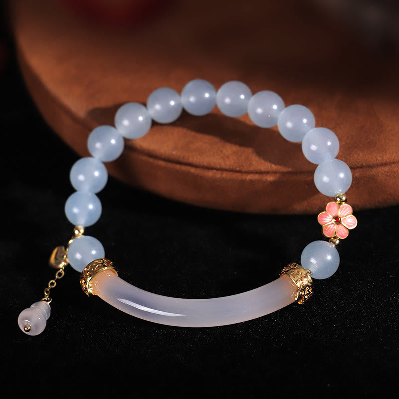 Buddha Stones Różowy Kryształ Niebieski Chalcedon Perła Mankiet Pół Bransoletka Bangle