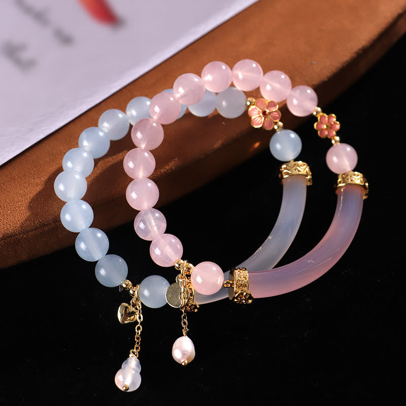 Buddha Stones Różowy Kryształ Niebieski Chalcedon Perła Mankiet Pół Bransoletka Bangle