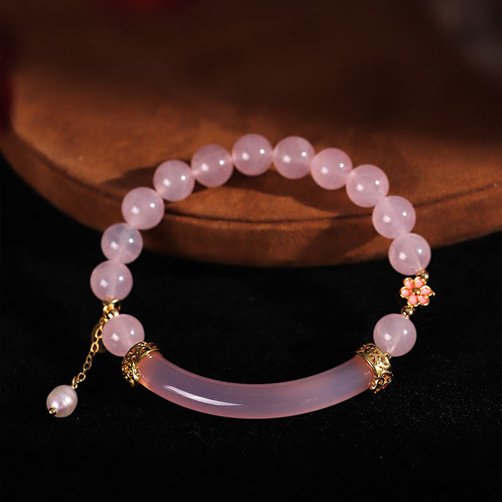 Buddha Stones Różowy Kryształ Niebieski Chalcedon Perła Mankiet Pół Bransoletka Bangle