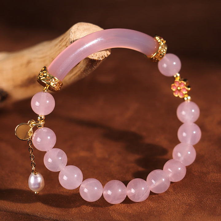 Buddha Stones Różowy Kryształ Niebieski Chalcedon Perła Mankiet Pół Bransoletka Bangle