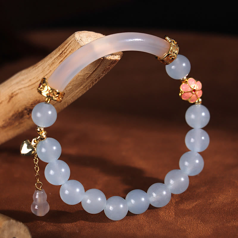 Buddha Stones Różowy Kryształ Niebieski Chalcedon Perła Mankiet Pół Bransoletka Bangle