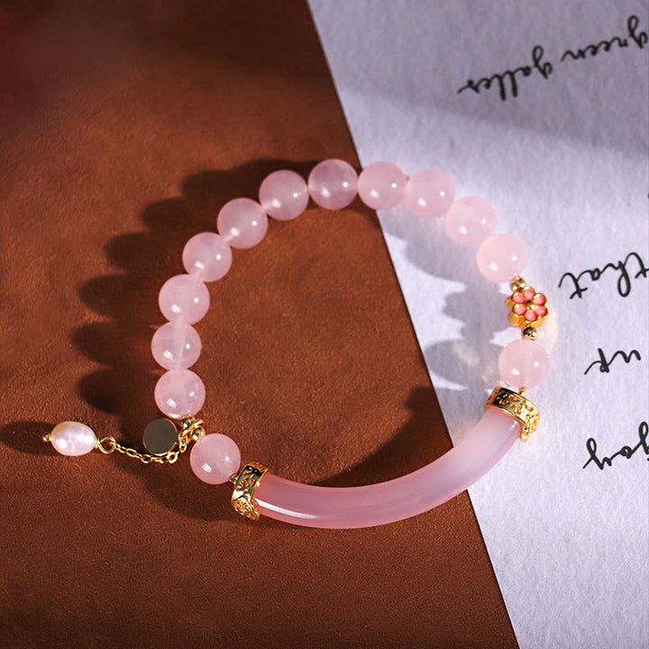 Buddha Stones Różowy Kryształ Niebieski Chalcedon Perła Mankiet Pół Bransoletka Bangle