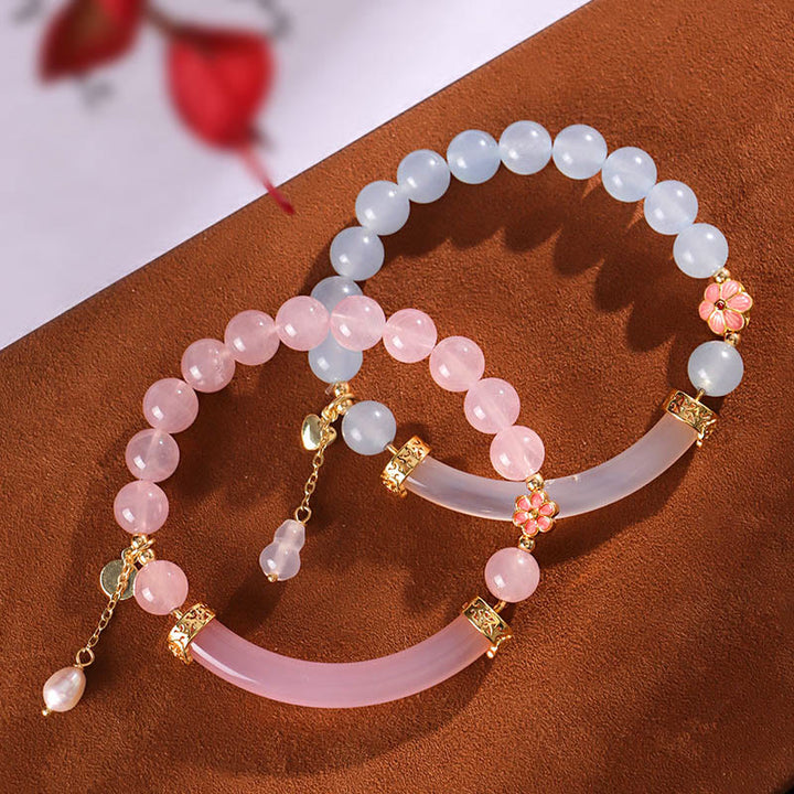 Buddha Stones Różowy Kryształ Niebieski Chalcedon Perła Mankiet Pół Bransoletka Bangle
