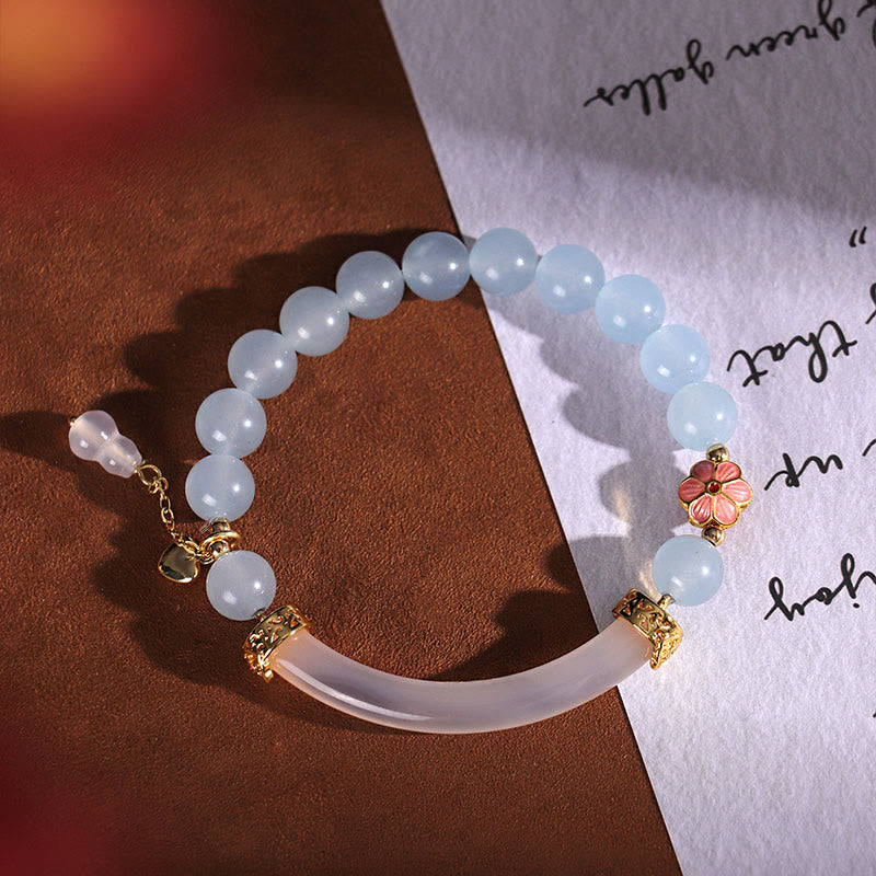 Buddha Stones Różowy Kryształ Niebieski Chalcedon Perła Mankiet Pół Bransoletka Bangle