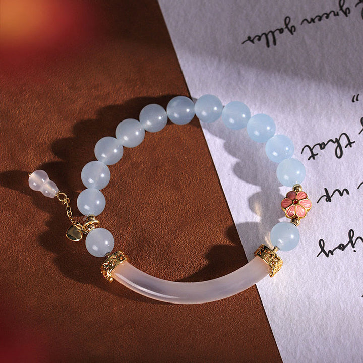 Buddha Stones Różowy Kryształ Niebieski Chalcedon Perła Mankiet Pół Bransoletka Bangle