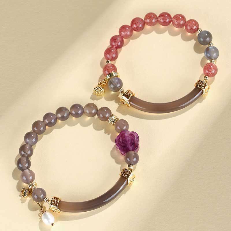 Buddha Stones Kwarc truskawkowy Labradorite Fluoryt Perła Mankiet Pół Bransoletka Bangle