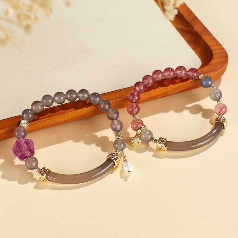 Buddha Stones Kwarc truskawkowy Labradorite Fluoryt Perła Mankiet Pół Bransoletka Bangle