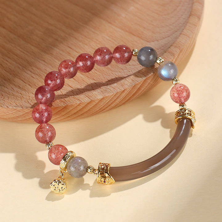Buddha Stones Kwarc truskawkowy Labradorite Fluoryt Perła Mankiet Pół Bransoletka Bangle