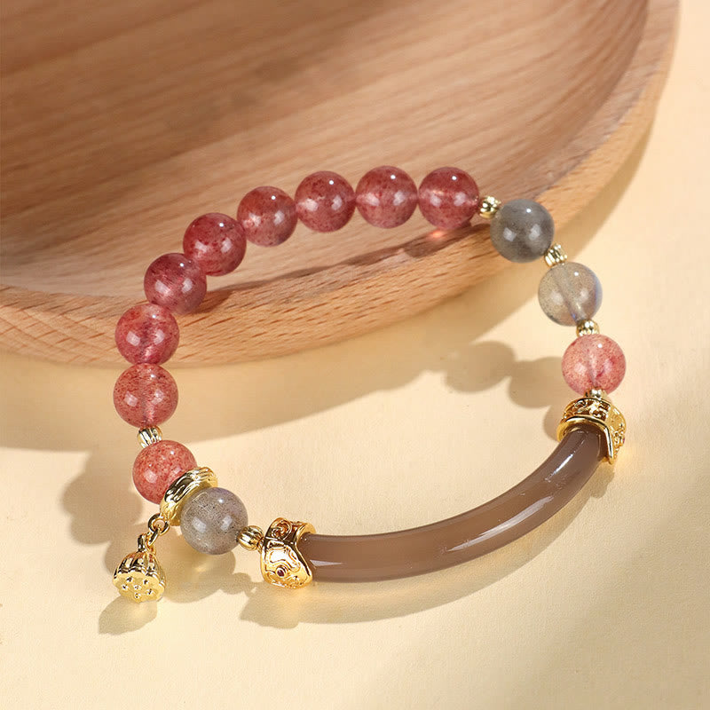 Buddha Stones Kwarc truskawkowy Labradorite Fluoryt Perła Mankiet Pół Bransoletka Bangle