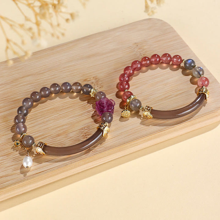 Buddha Stones Kwarc truskawkowy Labradorite Fluoryt Perła Mankiet Pół Bransoletka Bangle