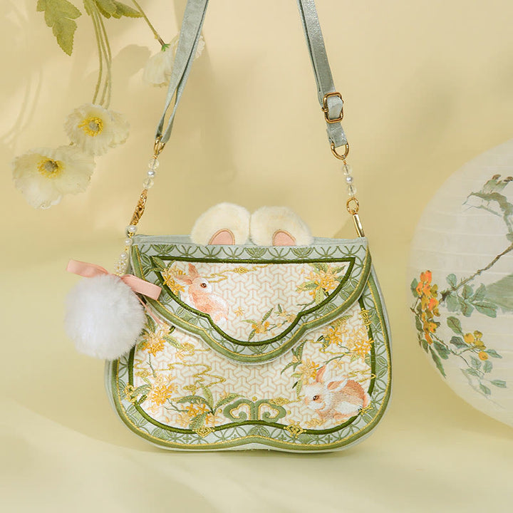 Buddha Stones Osmanthus Królik Haft Perła Łańcuch Futrzany Frędzle Torba Na Ramię Torba Crossbody