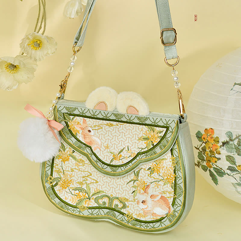 Buddha Stones Osmanthus Królik Haft Perła Łańcuch Futrzany Frędzle Torba Na Ramię Torba Crossbody