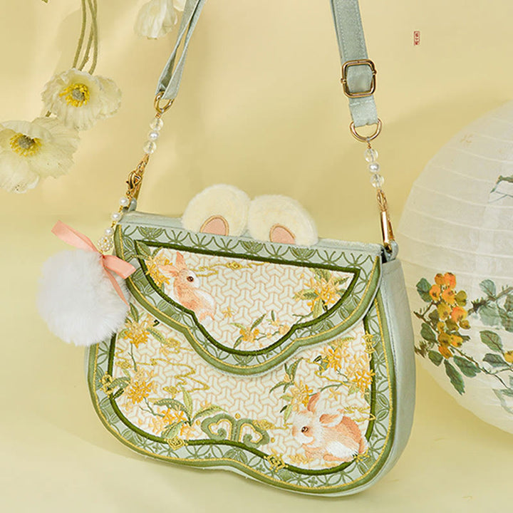 Buddha Stones Osmanthus Królik Haft Perła Łańcuch Futrzany Frędzle Torba Na Ramię Torba Crossbody
