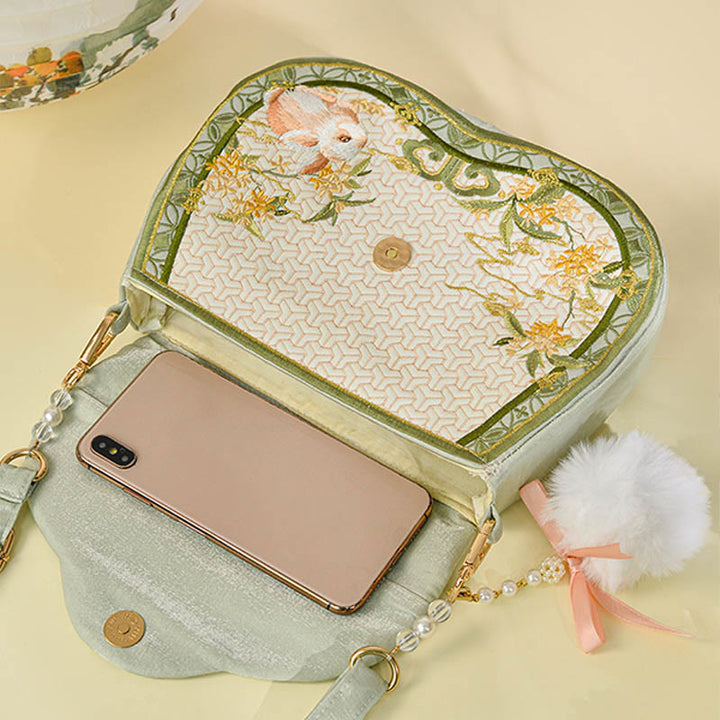Buddha Stones Osmanthus Królik Haft Perła Łańcuch Futrzany Frędzle Torba Na Ramię Torba Crossbody