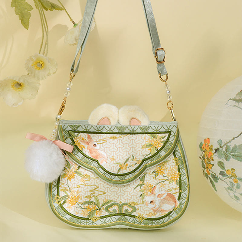 Buddha Stones Osmanthus Królik Haft Perła Łańcuch Futrzany Frędzle Torba Na Ramię Torba Crossbody