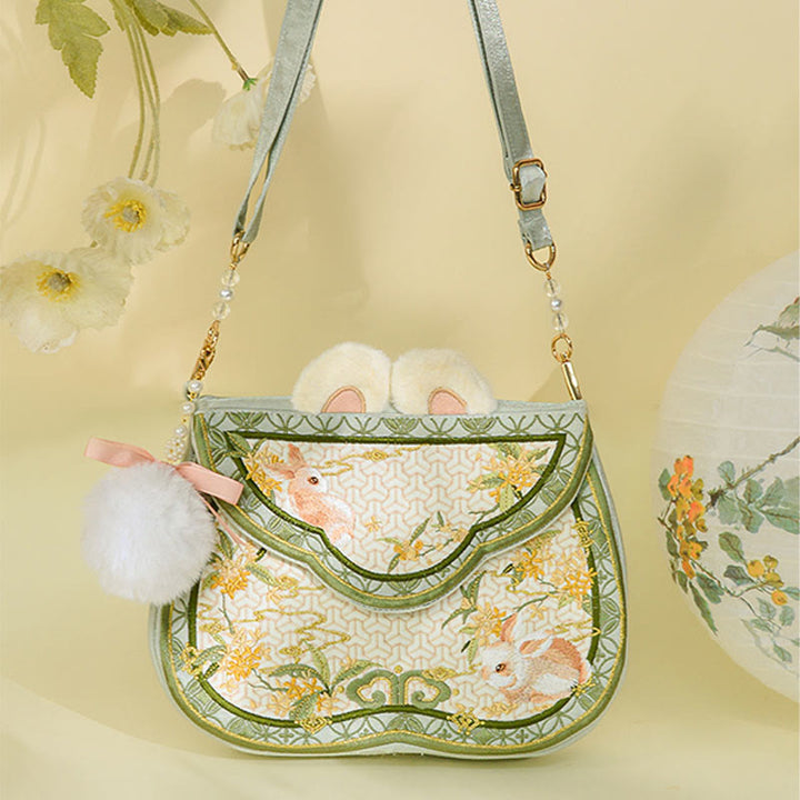 Buddha Stones Osmanthus Królik Haft Perła Łańcuch Futrzany Frędzle Torba Na Ramię Torba Crossbody