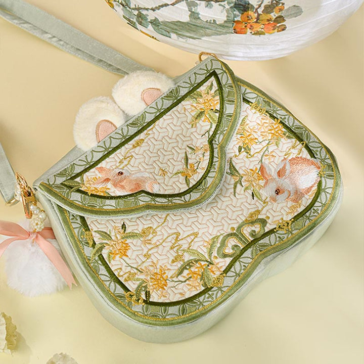 Buddha Stones Osmanthus Królik Haft Perła Łańcuch Futrzany Frędzle Torba Na Ramię Torba Crossbody