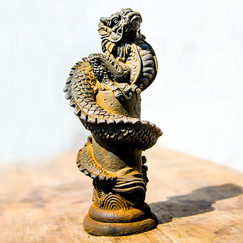 Buddha Stones Ręcznie Latający Smok Wokół Filary Żelazo Proszek Rdza Odlew Żywicy Statua Dekoracja Domu