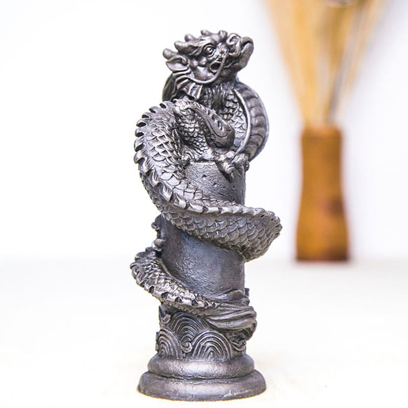 Buddha Stones Ręcznie Latający Smok Wokół Filary Żelazo Proszek Rdza Odlew Żywicy Statua Dekoracja Domu