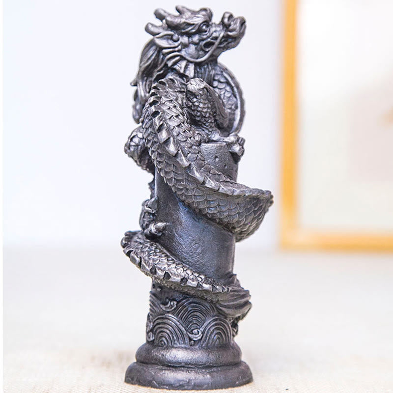 Buddha Stones Ręcznie Latający Smok Wokół Filary Żelazo Proszek Rdza Odlew Żywicy Statua Dekoracja Domu