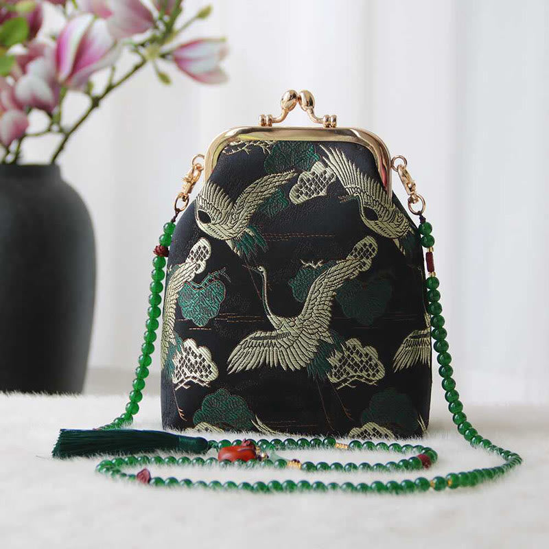 Buddha Stones Retro Chiński Haft Perłowy Łańcuch Torba Crossbody Torba Na Ramię - Czarny Żuraw 14*6*18cm - image 1