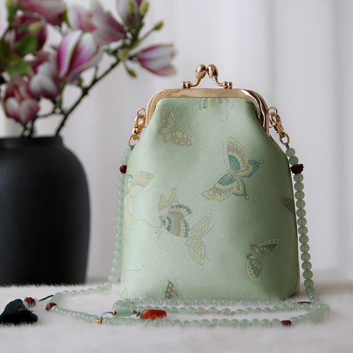 Buddha Stones Retro Chiński Haft Perłowy Łańcuch Torba Crossbody Torba Na Ramię - Motyl bladozielony 14*6*18cm - image 3