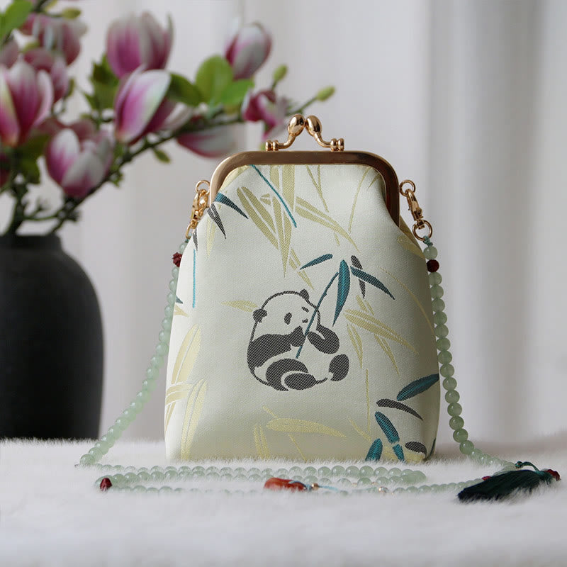 Buddha Stones Retro Chiński Haft Perłowy Łańcuch Torba Crossbody Torba Na Ramię - Jasnozielony bambus Panda 14*6*18cm - image 7