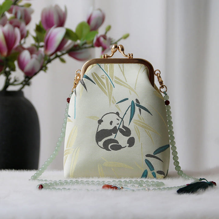 Buddha Stones Retro Chiński Haft Perłowy Łańcuch Torba Crossbody Torba Na Ramię - Jasnozielony bambus Panda 14*6*18cm - image 7