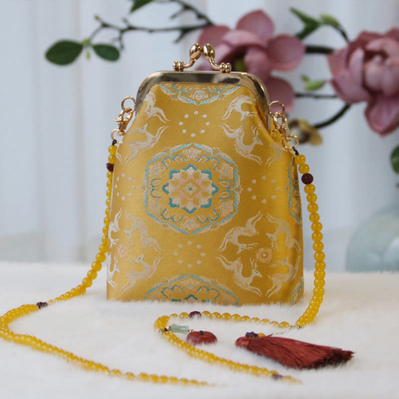 Buddha Stones Retro Chiński Haft Perłowy Łańcuch Torba Crossbody Torba Na Ramię - Złoty Kwiat Jelenia 14*6*18cm - image 9