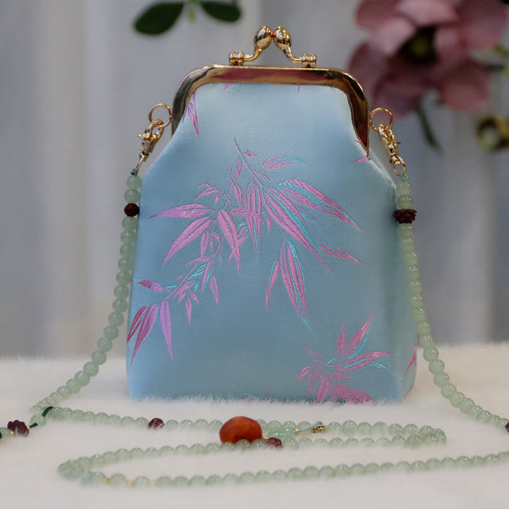 Buddha Stones Retro Chiński Haft Perłowy Łańcuch Torba Crossbody Torba Na Ramię - Liście bambusa LightSkyBlue 14*6*18cm - image 10
