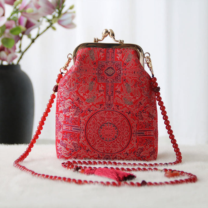 Buddha Stones Retro Chiński Haft Perłowy Łańcuch Torba Crossbody Torba Na Ramię - Haft z czerwonym kwiatem 14*6*18 cm - image 11