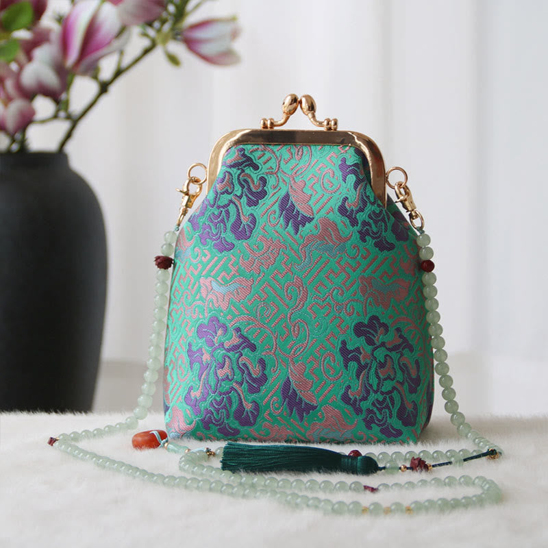 Buddha Stones Retro Chiński Haft Perłowy Łańcuch Torba Crossbody Torba Na Ramię - Średniozielony kwiat wiosenny 14*6*18 cm - image 18