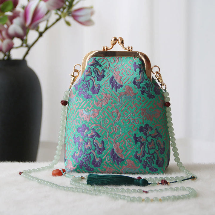 Buddha Stones Retro Chiński Haft Perłowy Łańcuch Torba Crossbody Torba Na Ramię - Średniozielony kwiat wiosenny 14*6*18 cm - image 18