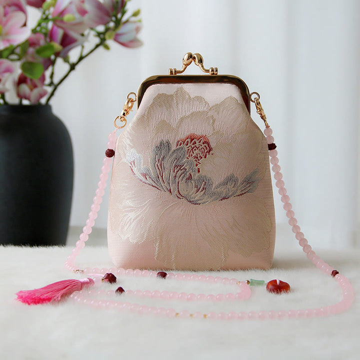 Buddha Stones Retro Chiński Haft Perłowy Łańcuch Torba Crossbody Torba Na Ramię - Różowy kwiat 14*6*18cm - image 12