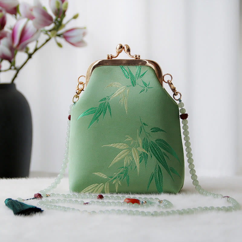 Buddha Stones Retro Chiński Haft Perłowy Łańcuch Torba Crossbody Torba Na Ramię - Liście bambusa SpringGreen 14*6*18 cm - image 16