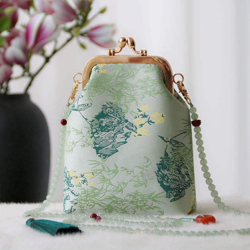 Buddha Stones Retro Chiński Haft Perłowy Łańcuch Torba Crossbody Torba Na Ramię - Liście akwamarynu 14*6*18cm - image 17