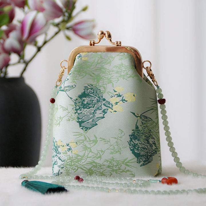 Buddha Stones Retro Chiński Haft Perłowy Łańcuch Torba Crossbody Torba Na Ramię - Liście akwamarynu 14*6*18cm - image 17