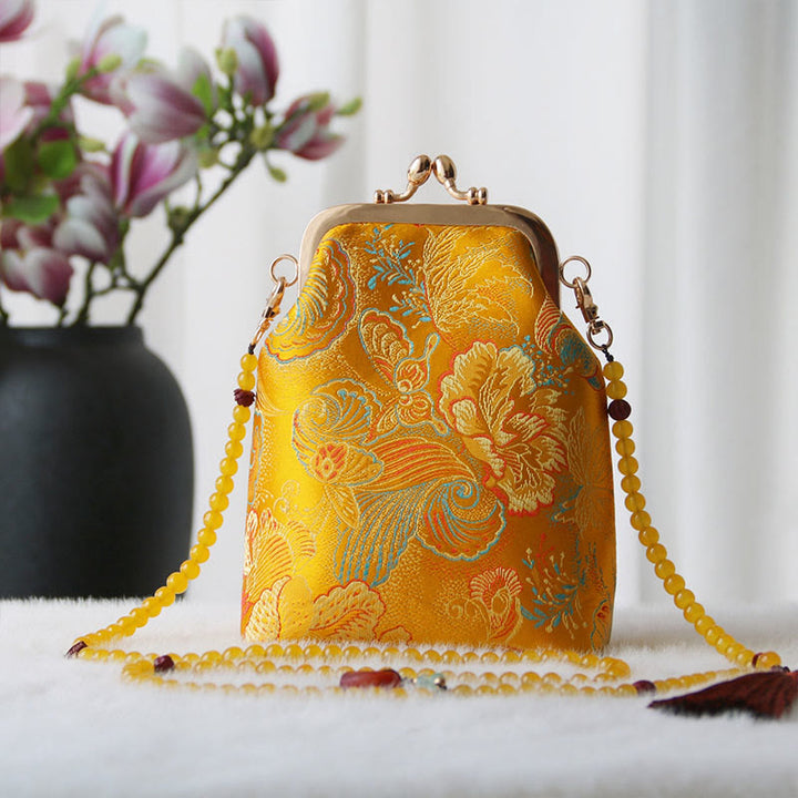 Buddha Stones Retro Chiński Haft Perłowy Łańcuch Torba Crossbody Torba Na Ramię - Złoty kwiat 14*6*18cm - image 21