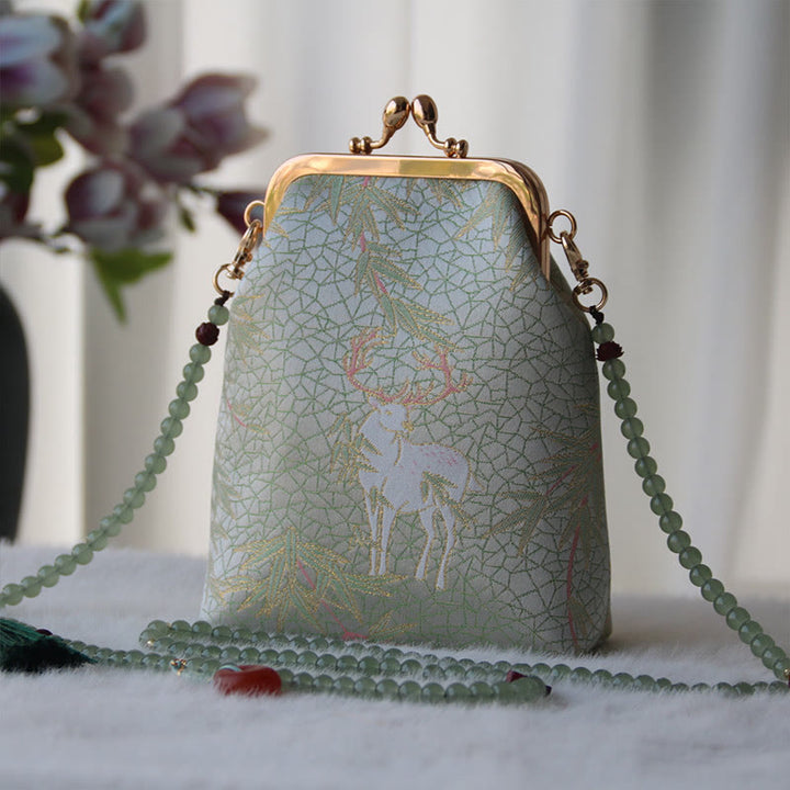 Buddha Stones Retro Chiński Haft Perłowy Łańcuch Torba Crossbody Torba Na Ramię - Jeleń DarkSeaGreen 14*6*18cm - image 22