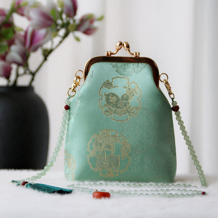 Buddha Stones Retro Chiński Haft Perłowy Łańcuch Torba Crossbody Torba Na Ramię - Średniozielony królik wiosenny 14*6*18 cm - image 20