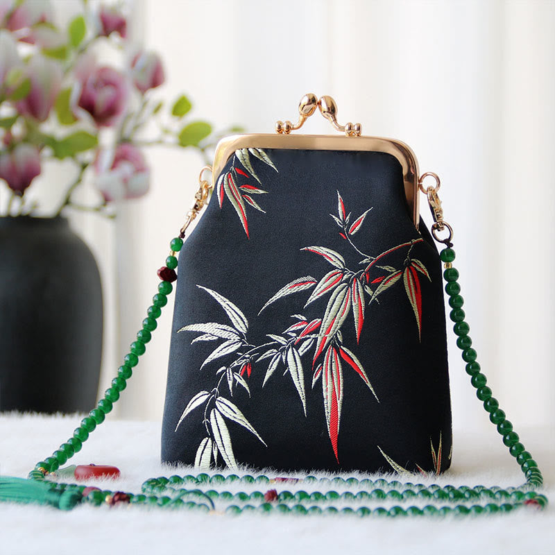 Buddha Stones Retro Chiński Haft Perłowy Łańcuch Torba Crossbody Torba Na Ramię - Czarne liście bambusa 14*6*18cm - image 24